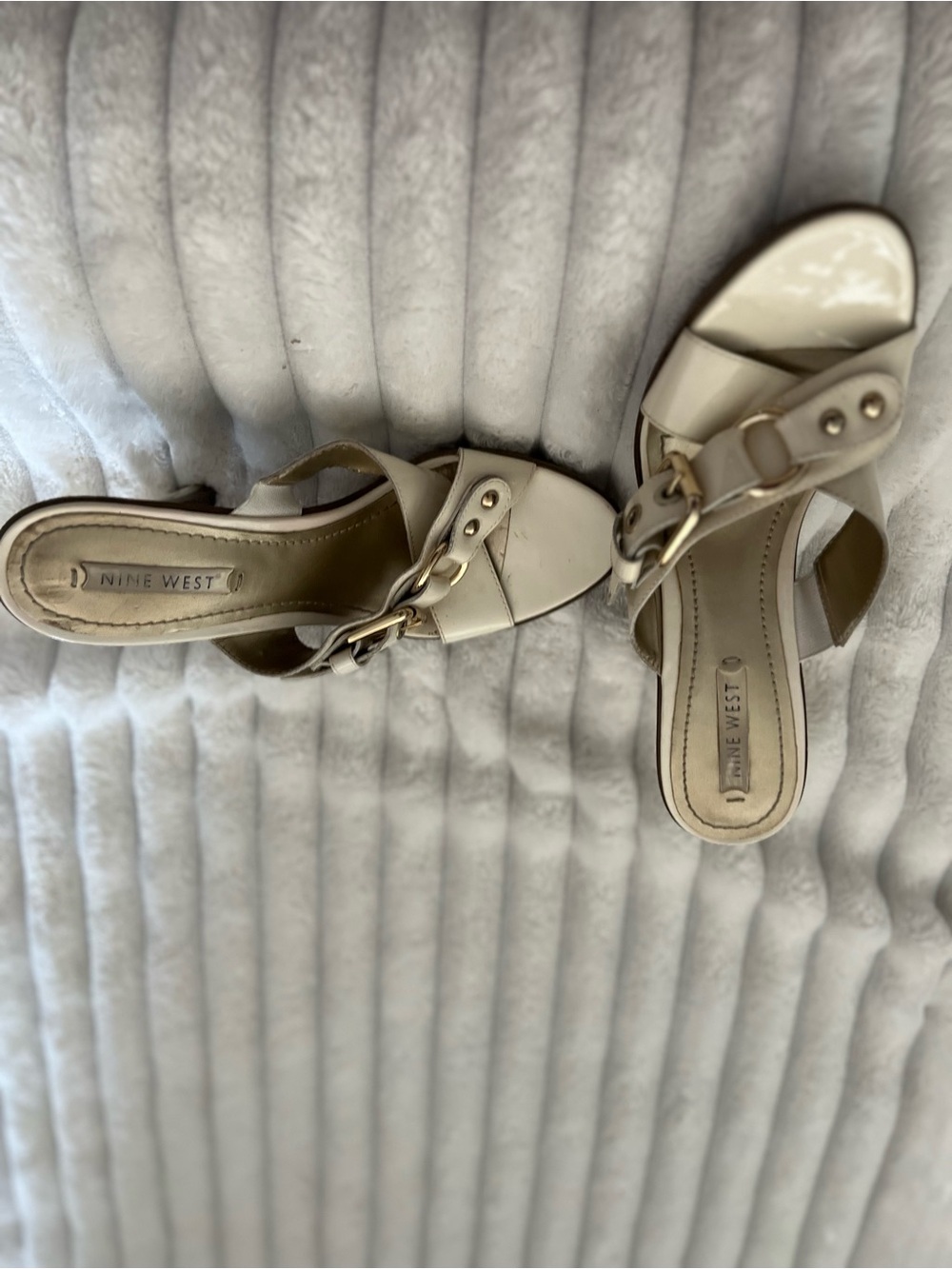 Nine West Beige Slide Mules with Gold Chain Detail